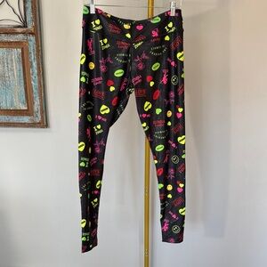 Zumba Fitness Black Leggings with Zumba Lover Neon Green & Neon Pink Print EUC L